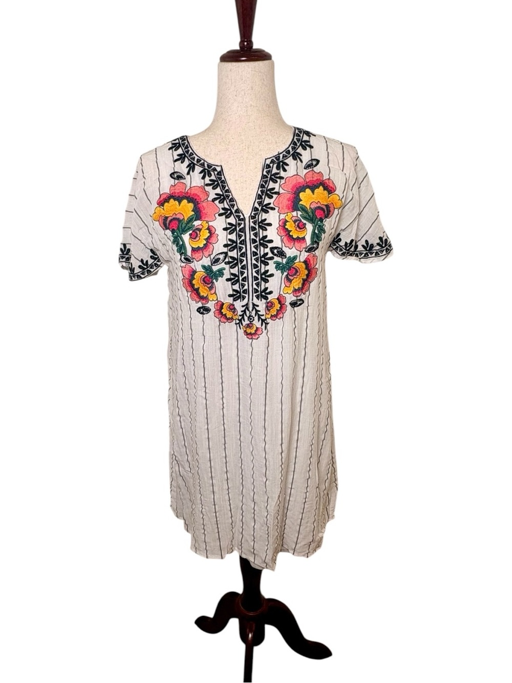 THML White Blue Embroidered Floral Stripes Mini Dress Boho Small
